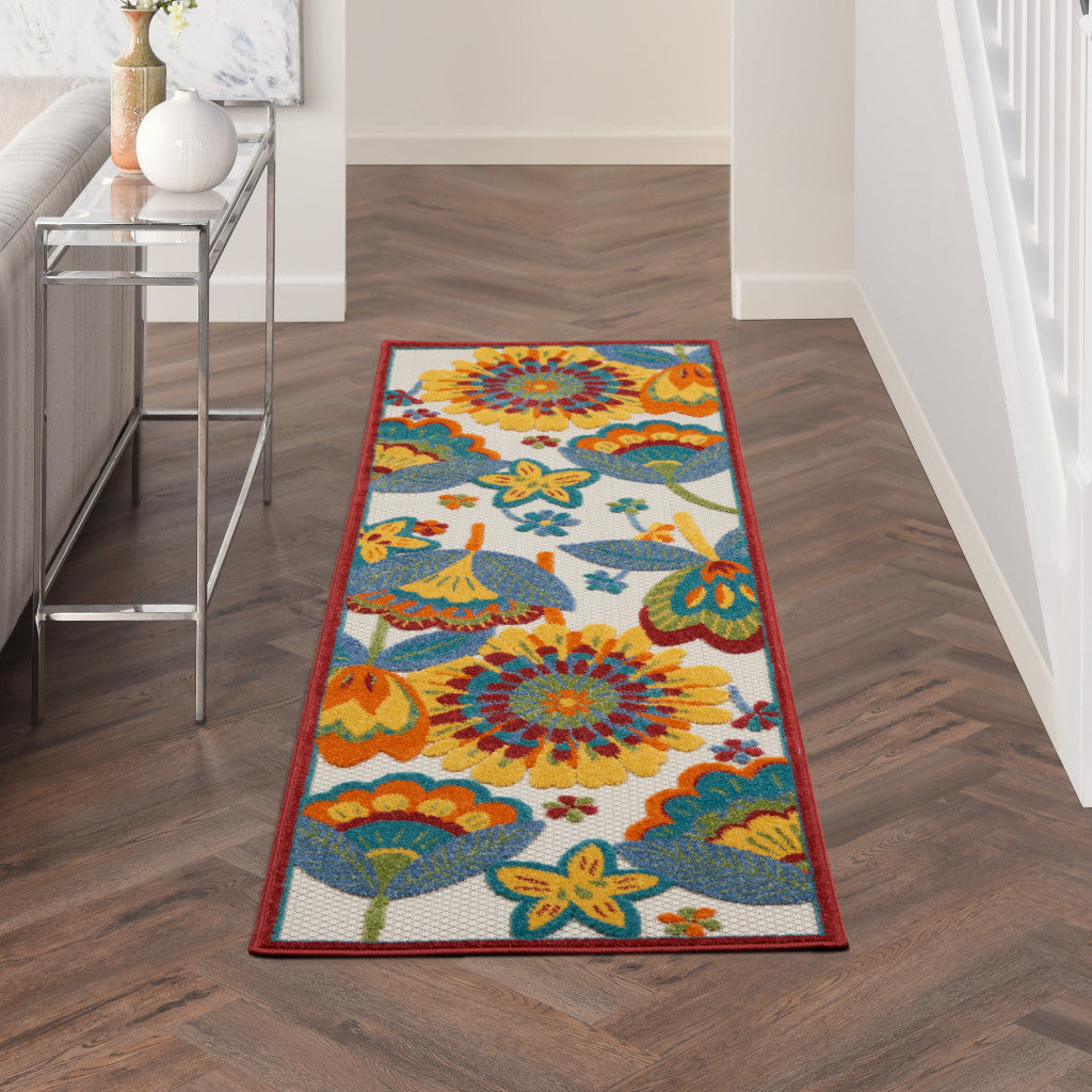 2' X 6' Yellow And Teal Floral Non Skid Indoor Outdoor Runner Rug