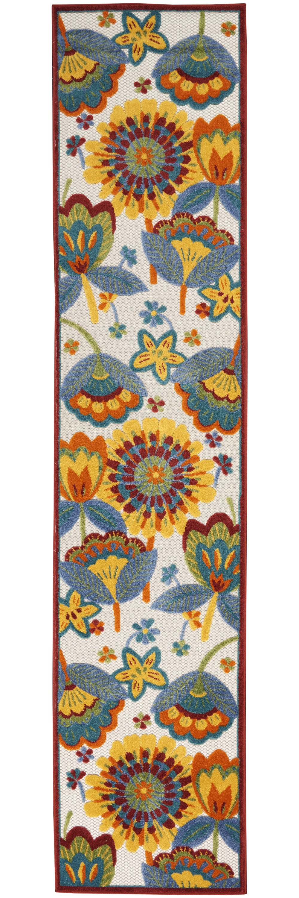 2' X 10' White Yellow And Blue Floral Non Skid Indoor Outdoor Runner Rug