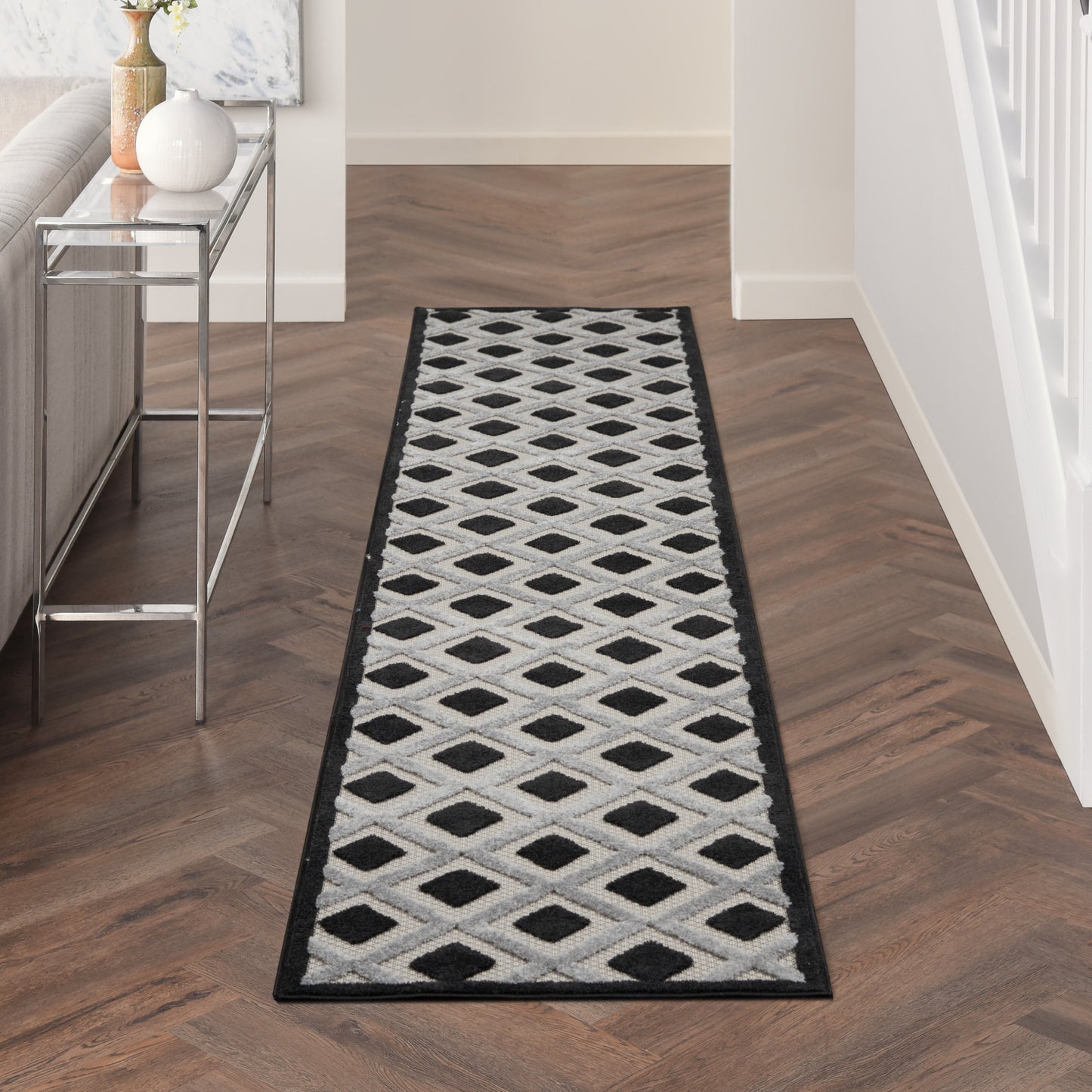 2' X 12' Black And White Gingham Non Skid Indoor Outdoor Runner Rug