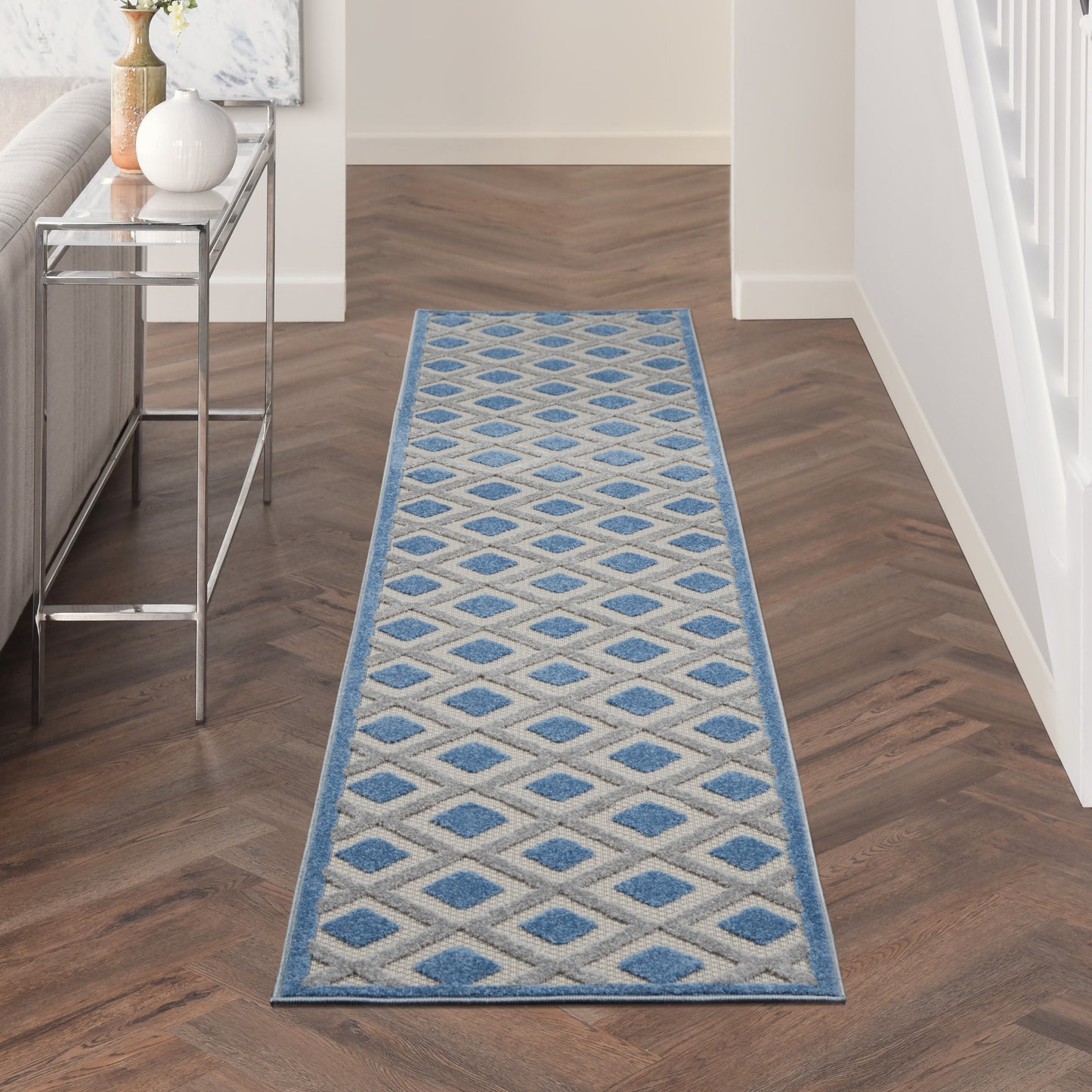 2' X 12' Blue And Grey Gingham Non Skid Indoor Outdoor Runner Rug