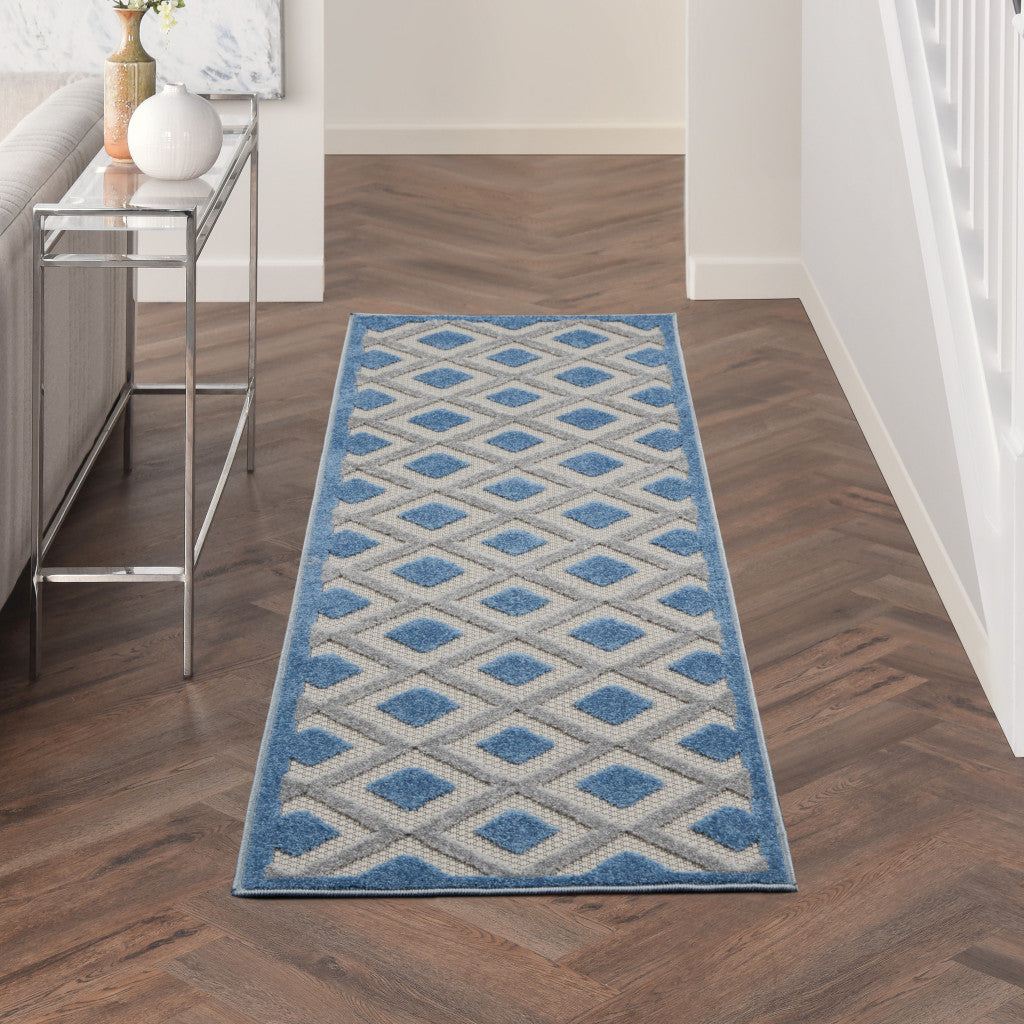 2' X 8' Blue And Grey Gingham Non Skid Indoor Outdoor Runner Rug