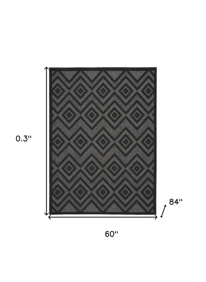 5' X 7' Charcoal Black Argyle Indoor Outdoor Area Rug