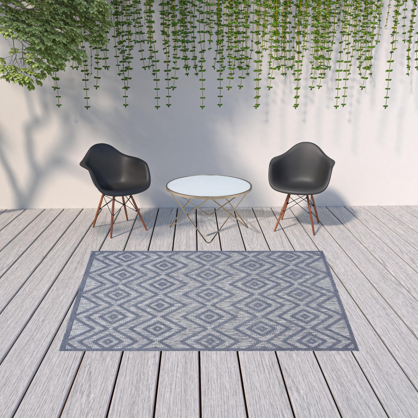 6' X 9' Denim Blue Argyle Indoor Outdoor Area Rug