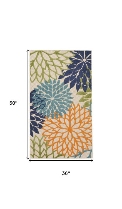 3' X 5' Cream And Blue Floral Non Skid Indoor Outdoor Area Rug