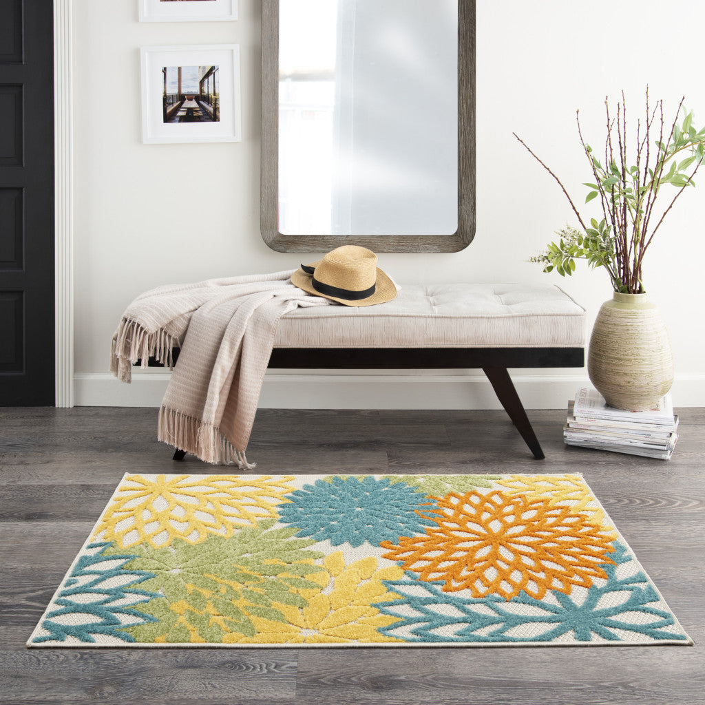 3' X 4' Turquoise Floral Non Skid Indoor Outdoor Area Rug