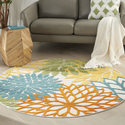 5' X 5' Turquoise Round Floral Non Skid Indoor Outdoor Area Rug