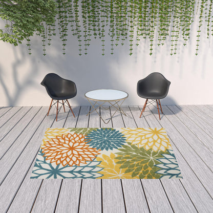 6' X 9' Turquoise Floral Non Skid Indoor Outdoor Area Rug