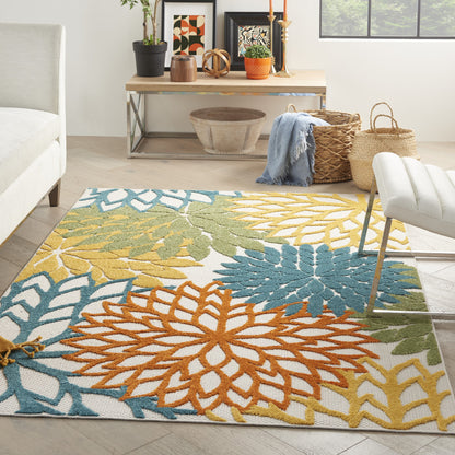 6' X 9' Turquoise Floral Non Skid Indoor Outdoor Area Rug