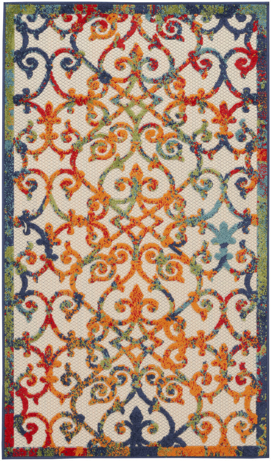 3' X 5' Orange Blue And Green Damask Non Skid Indoor Outdoor Area Rug