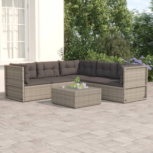 5 Piece Patio Lounge Set with Cushions Gray Poly Rattan