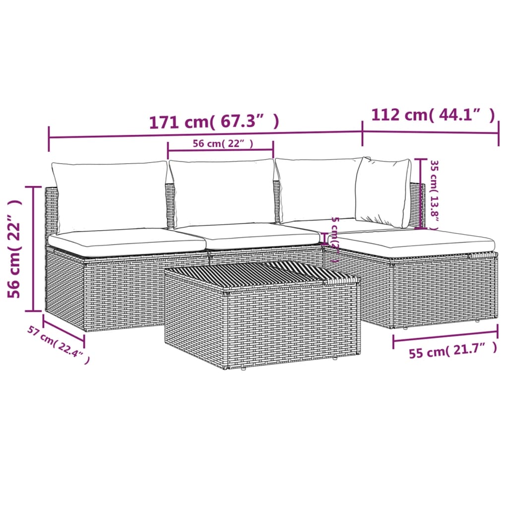 5 Piece Patio Lounge Set with Cushions Gray Poly Rattan