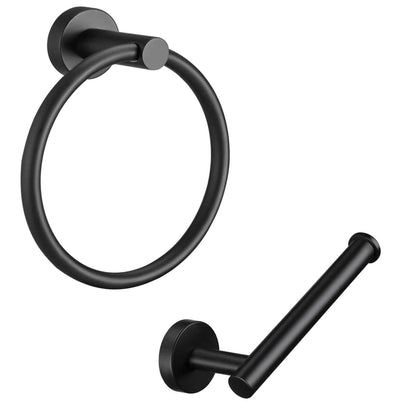 Set of Two Black Stainless Steel Wall Mount Towel Ring and Toilet Paper Holder