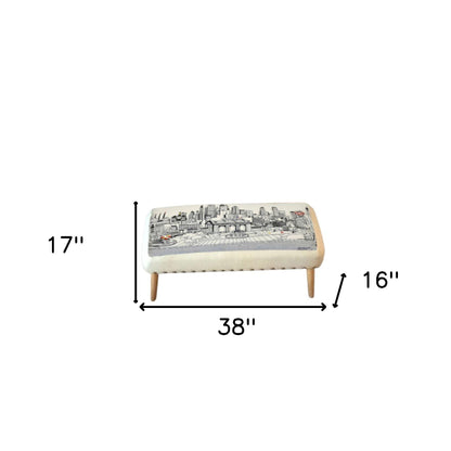 38" Cream Wool And Brown Ottoman