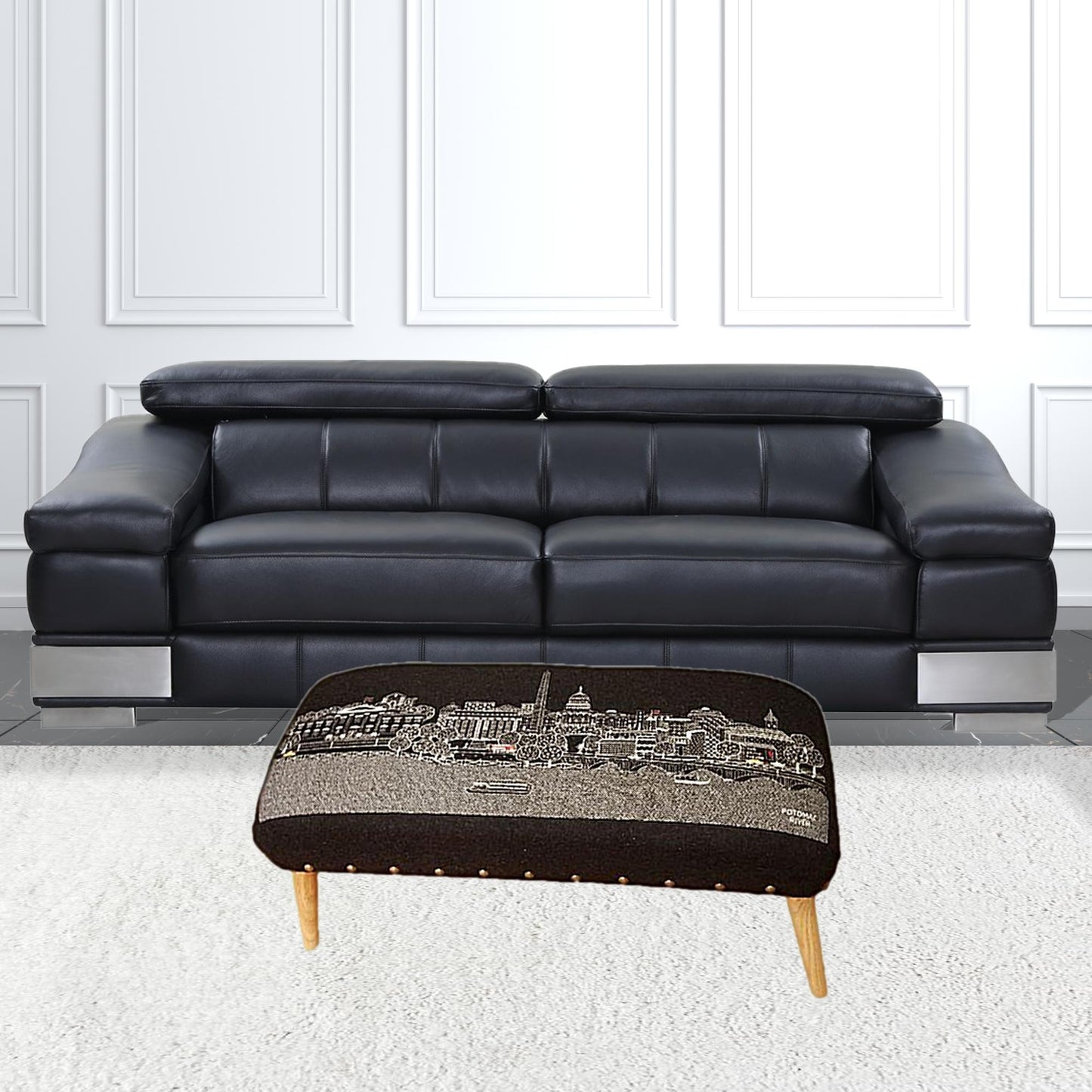 38" Gray Wool And Brown Ottoman