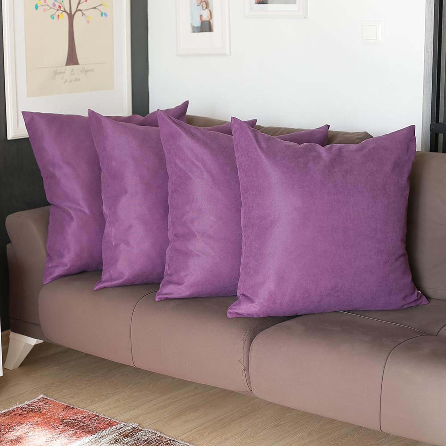 Set Of Four 22" X 22" Purple Polyester Zippered Pillow Cover