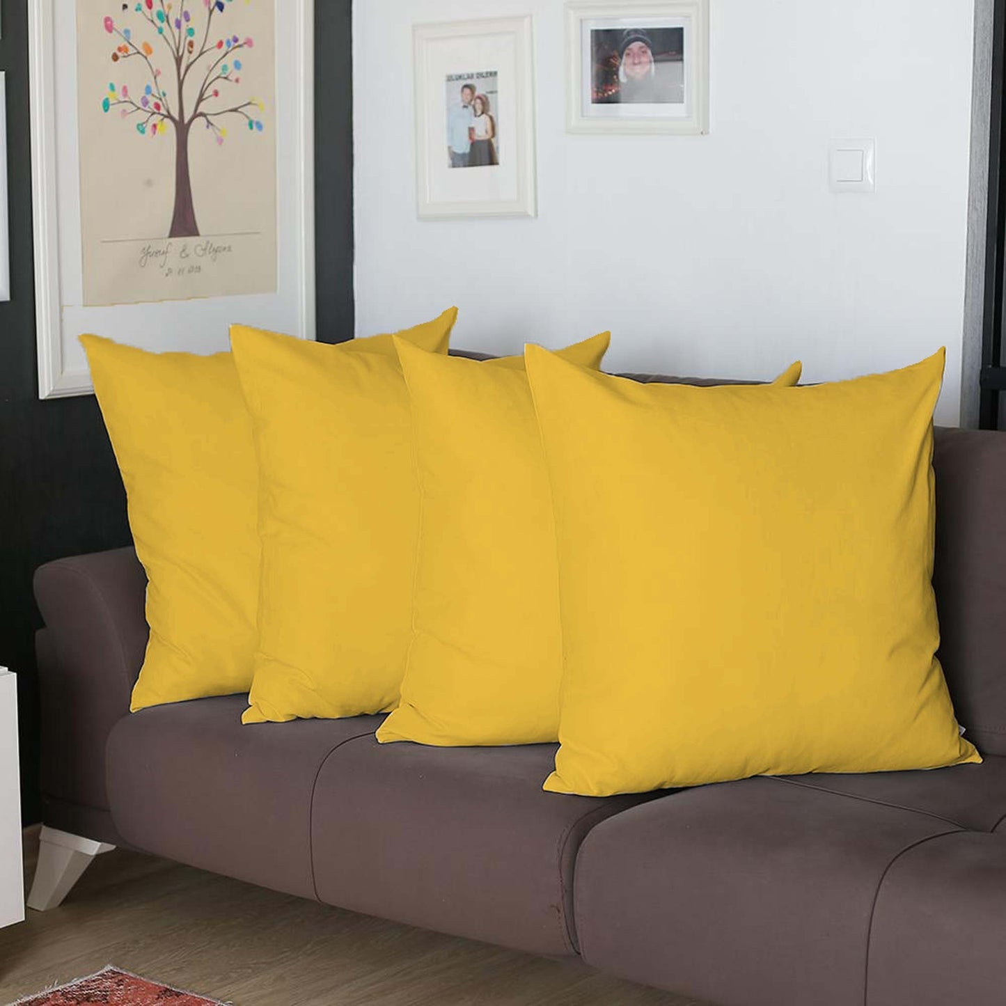 Set Of Four 22" X 22" Yellow Polyester Zippered Pillow Cover