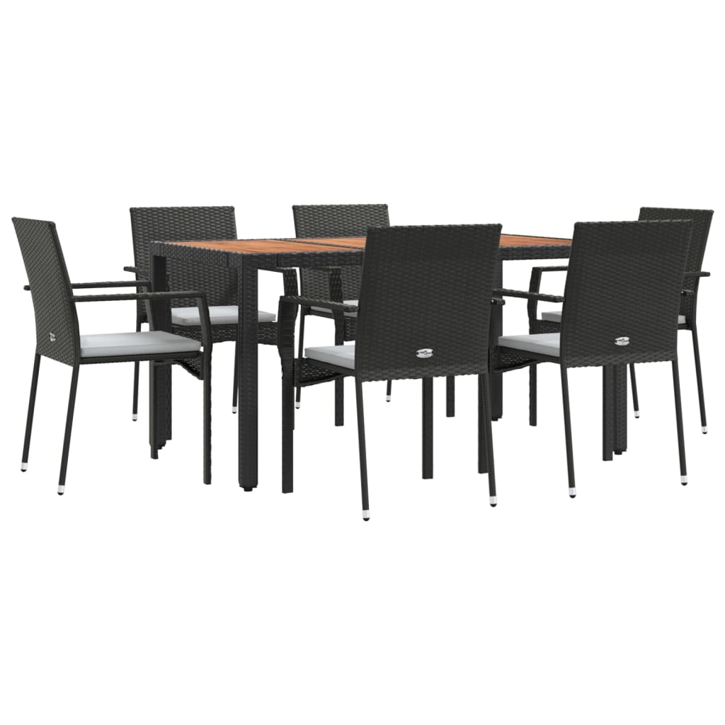 7 Piece Patio Dining Set with Cushions Black Poly Rattan