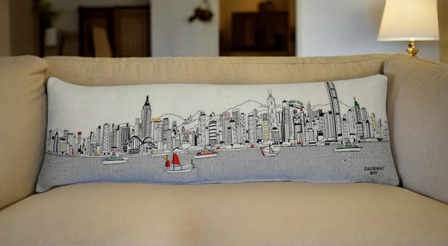 46" White Hong Kong Daylight Skyline Lumbar Decorative Pillow