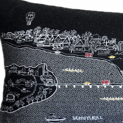 46" Black Philadelphia Nighttime Skyline Lumbar Decorative Pillow