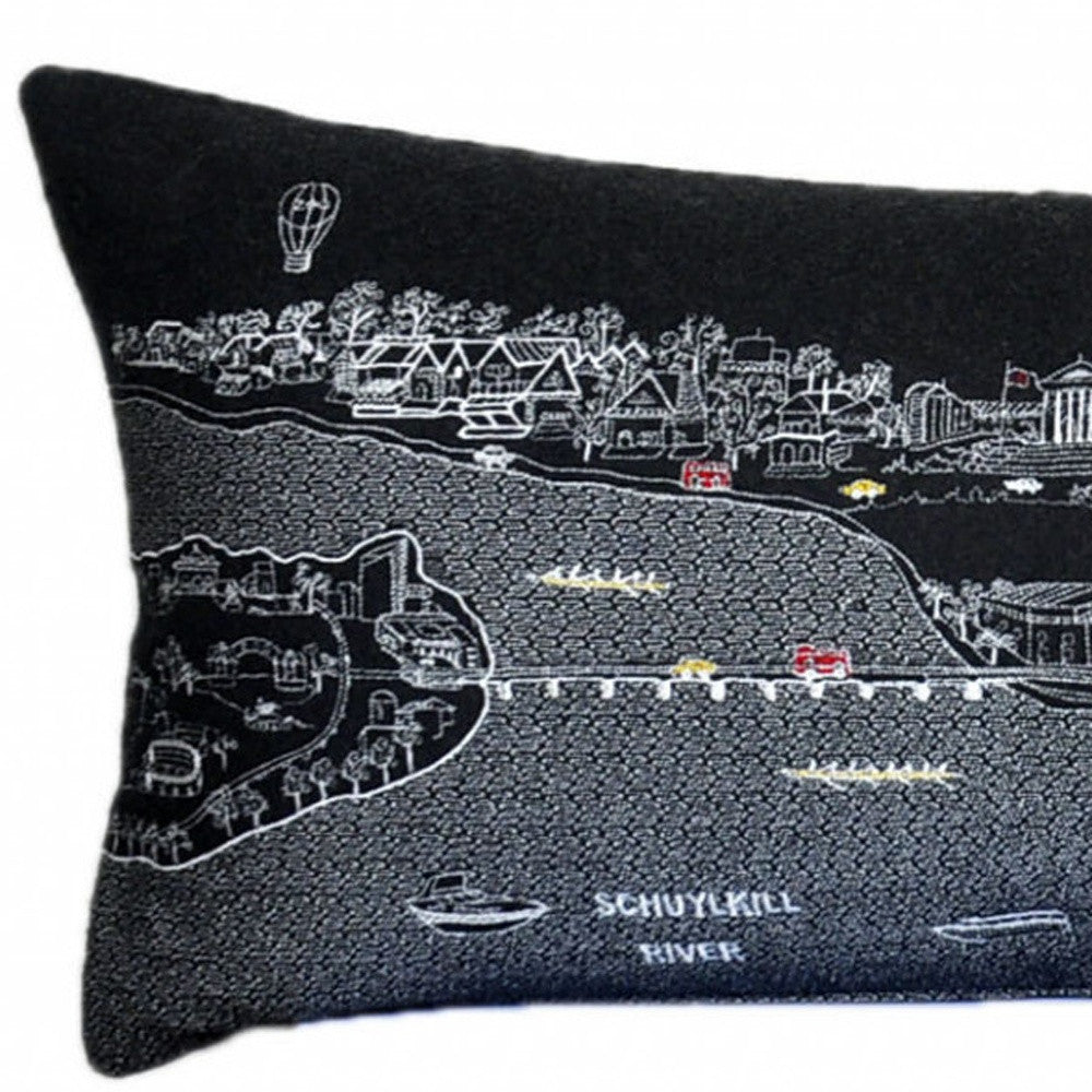 46" Black Philadelphia Nighttime Skyline Lumbar Decorative Pillow