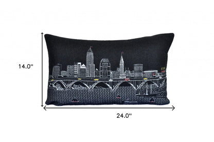 25" Black Cleveland Nighttime Skyline Lumbar Decorative Pillow