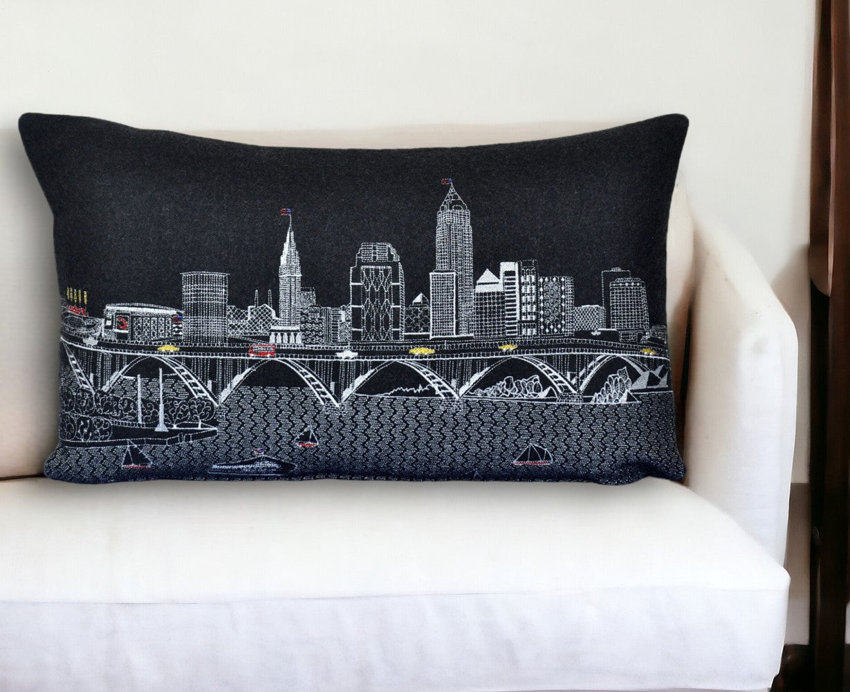 25" Black Cleveland Nighttime Skyline Lumbar Decorative Pillow