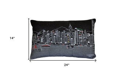 14" X 24" Black Gray and White Wool Lumbar Throw Pillow