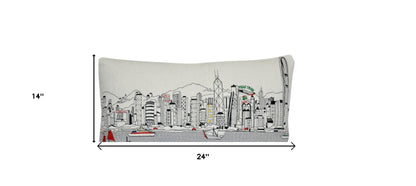 25" White Hong Kong Daylight Skyline Lumbar Decorative Pillow