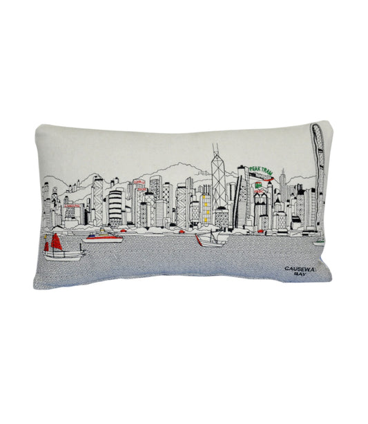 25" White Hong Kong Daylight Skyline Lumbar Decorative Pillow