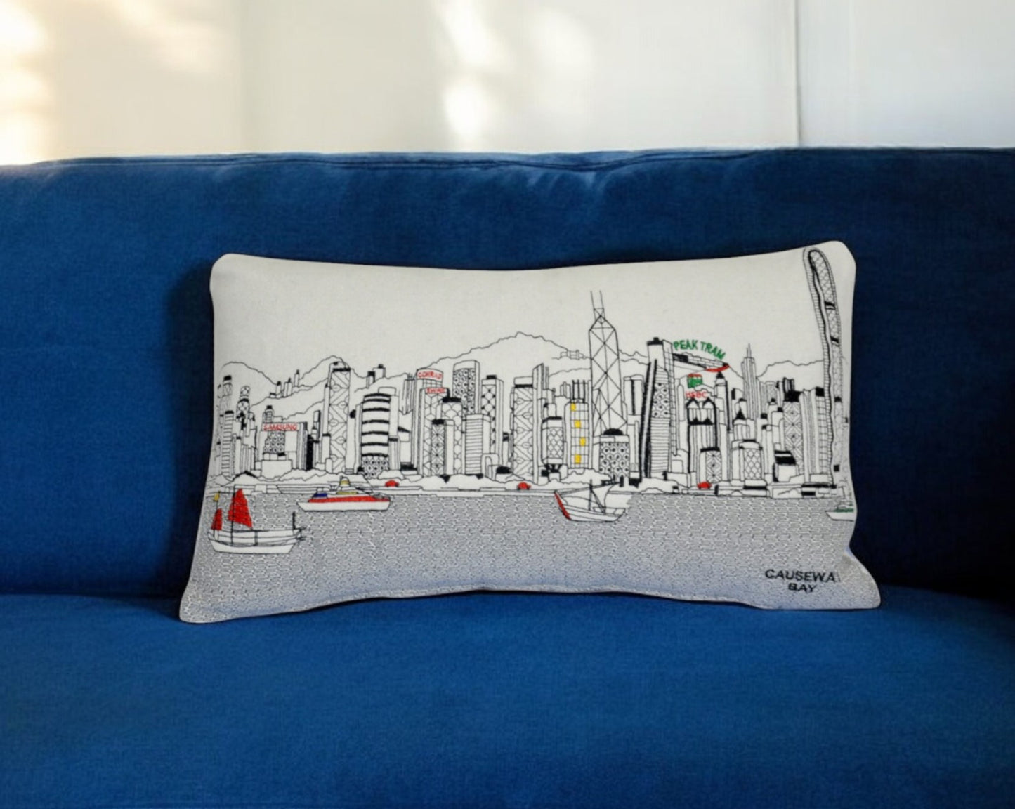 25" White Hong Kong Daylight Skyline Lumbar Decorative Pillow