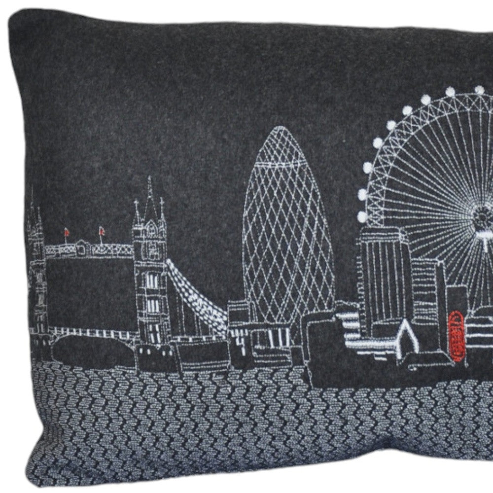 25" Black London Nighttime Skyline Lumbar Decorative Pillow