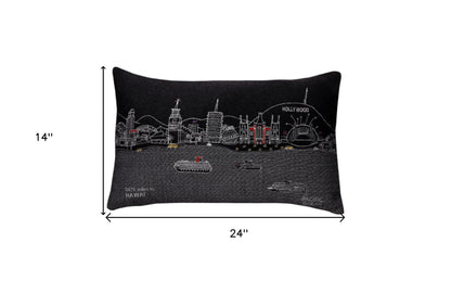 25" Black Los Angeles Nighttime Skyline Lumbar Decorative Pillow