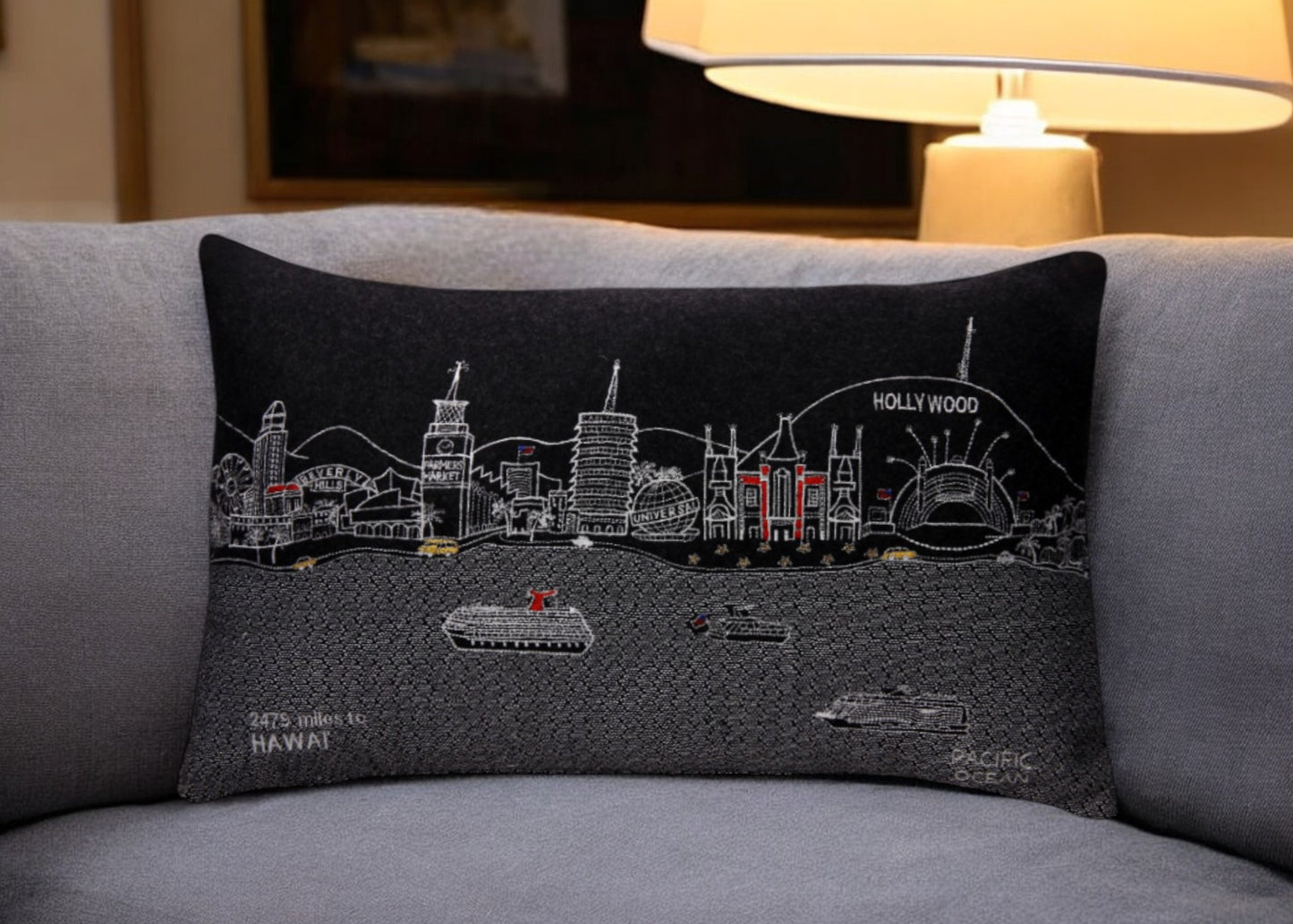 25" Black Los Angeles Nighttime Skyline Lumbar Decorative Pillow