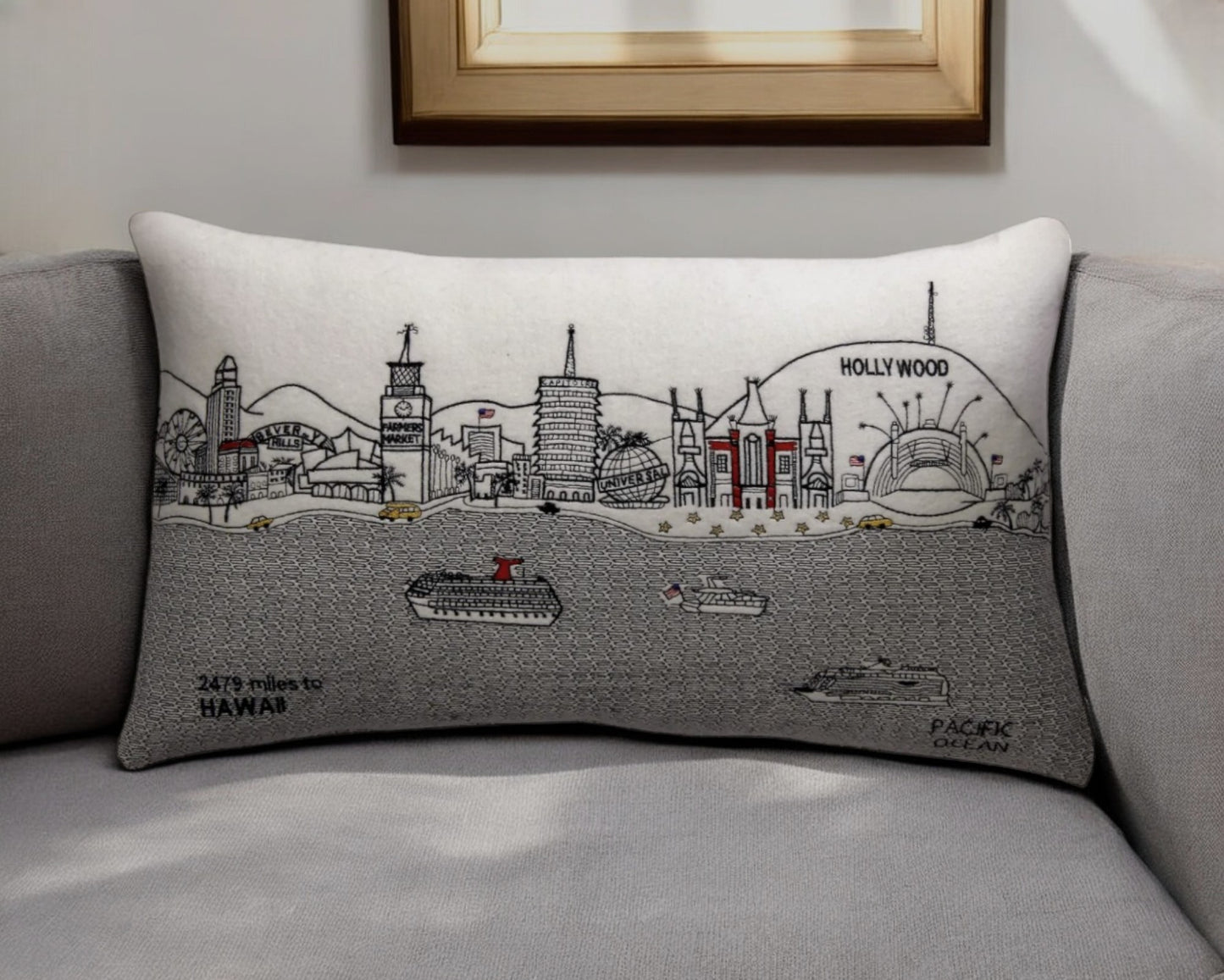 25" White Los Angeles Daylight Skyline Lumbar Decorative Pillow