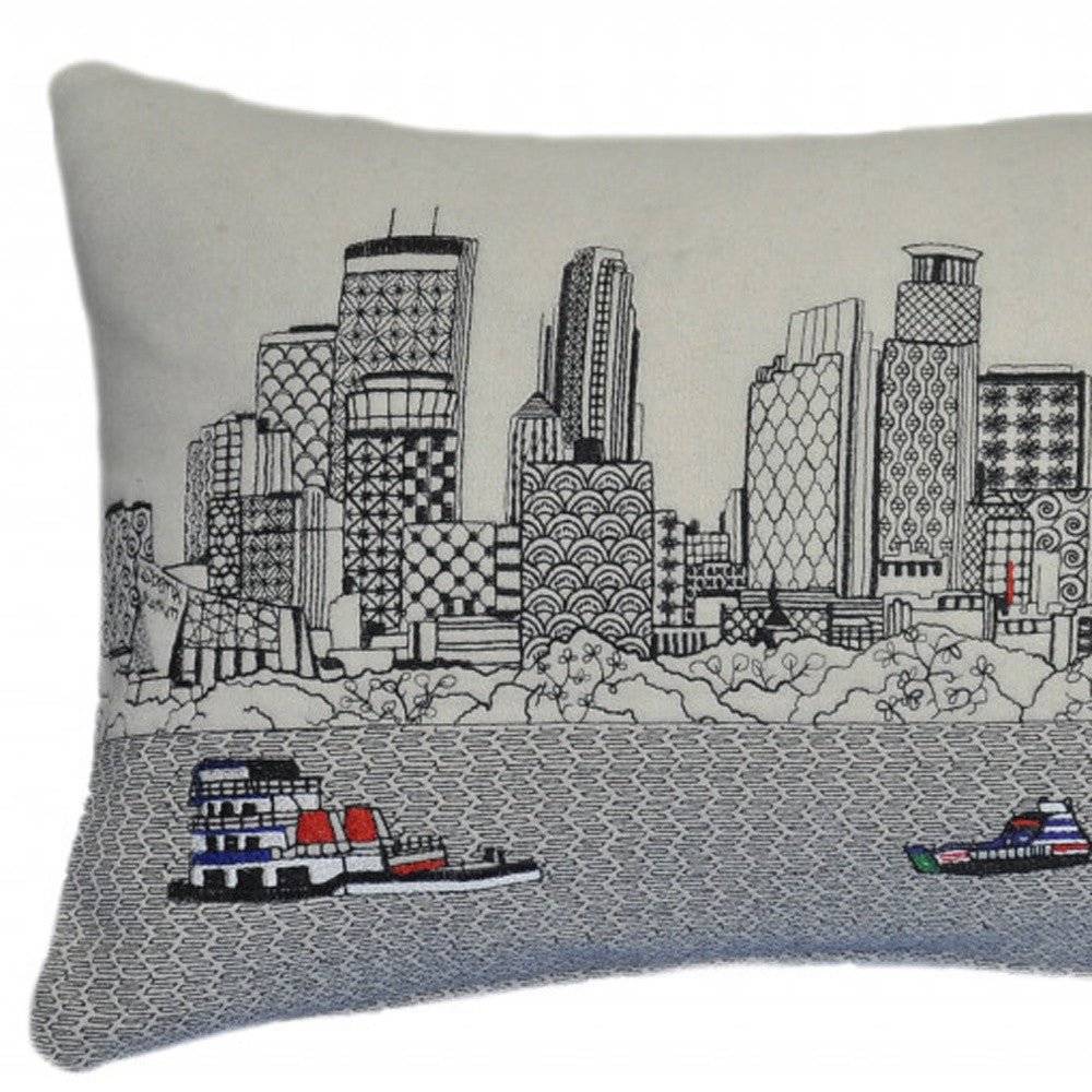 25" White Minneapolis Daylight Skyline Lumbar Decorative Pillow