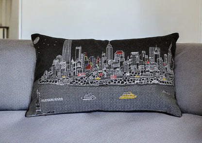 25" Black NYC Nighttime Skyline Lumbar Decorative Pillow