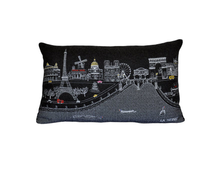 25" Black Paris Nighttime Skyline Standard Lumbar Decorative Pillow