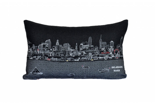 25" Black Philadelphia Nighttime Skyline Lumbar Decorative Pillow