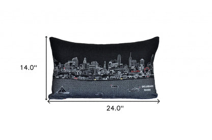 25" Black Philadelphia Nighttime Skyline Lumbar Decorative Pillow