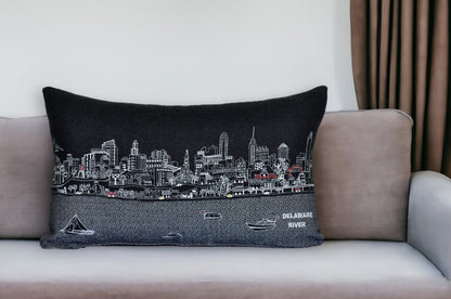 25" Black Philadelphia Nighttime Skyline Lumbar Decorative Pillow