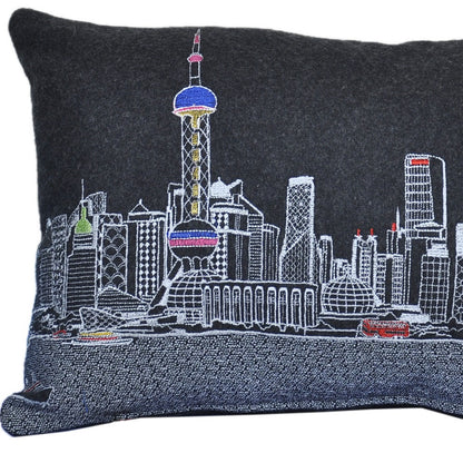 25" Black Shanghai  Nighttime Skyline Lumbar Decorative Pillow