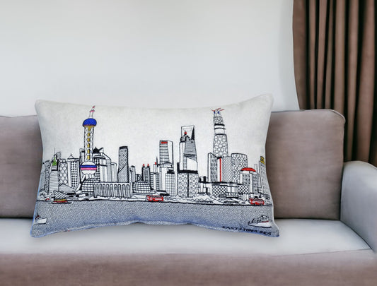 25" White Shanghai Daylight Skyline Lumbar Decorative Pillow