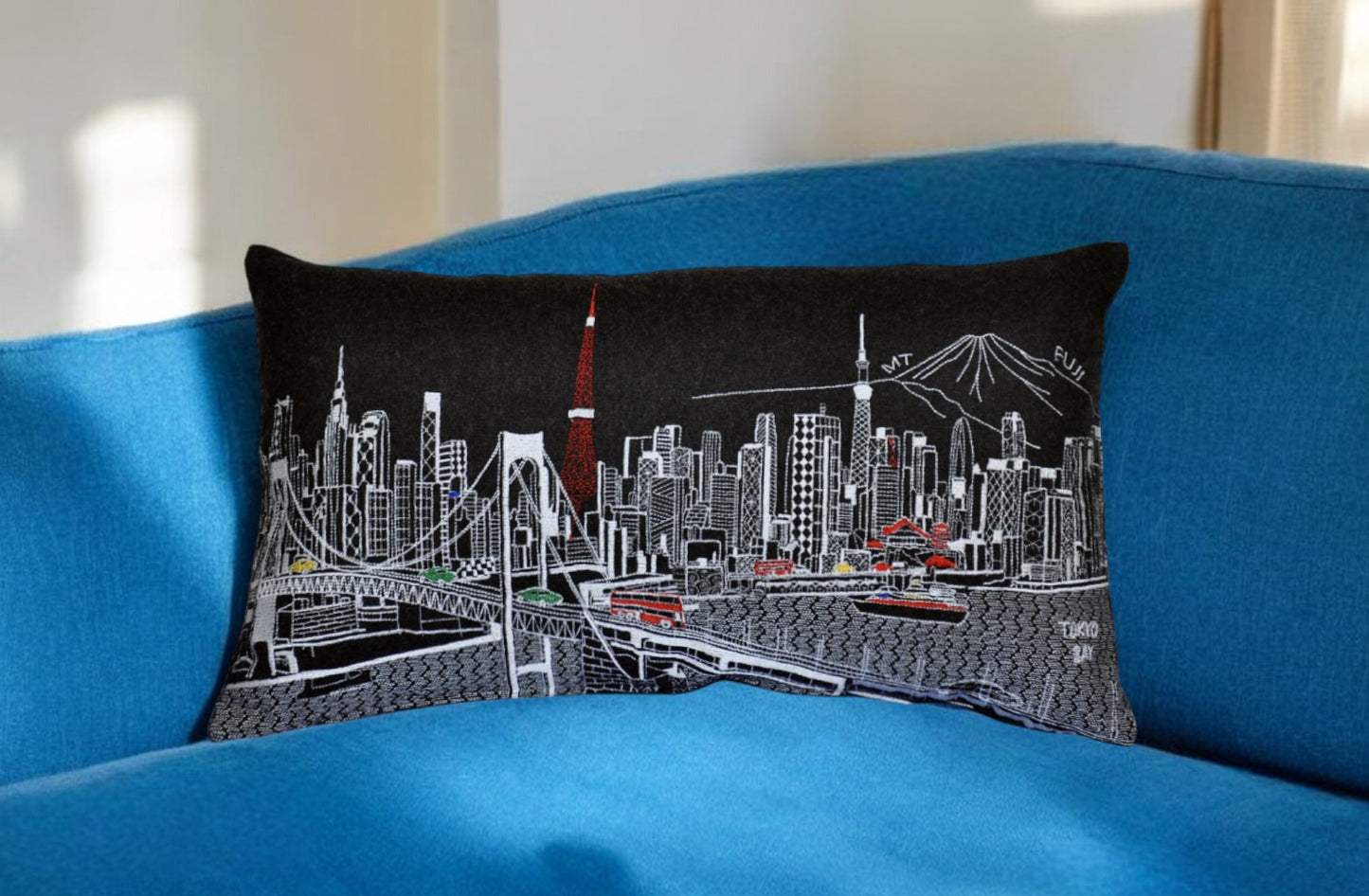 25" Black Tokyo Nighttime Skyline Lumbar Decorative Pillow