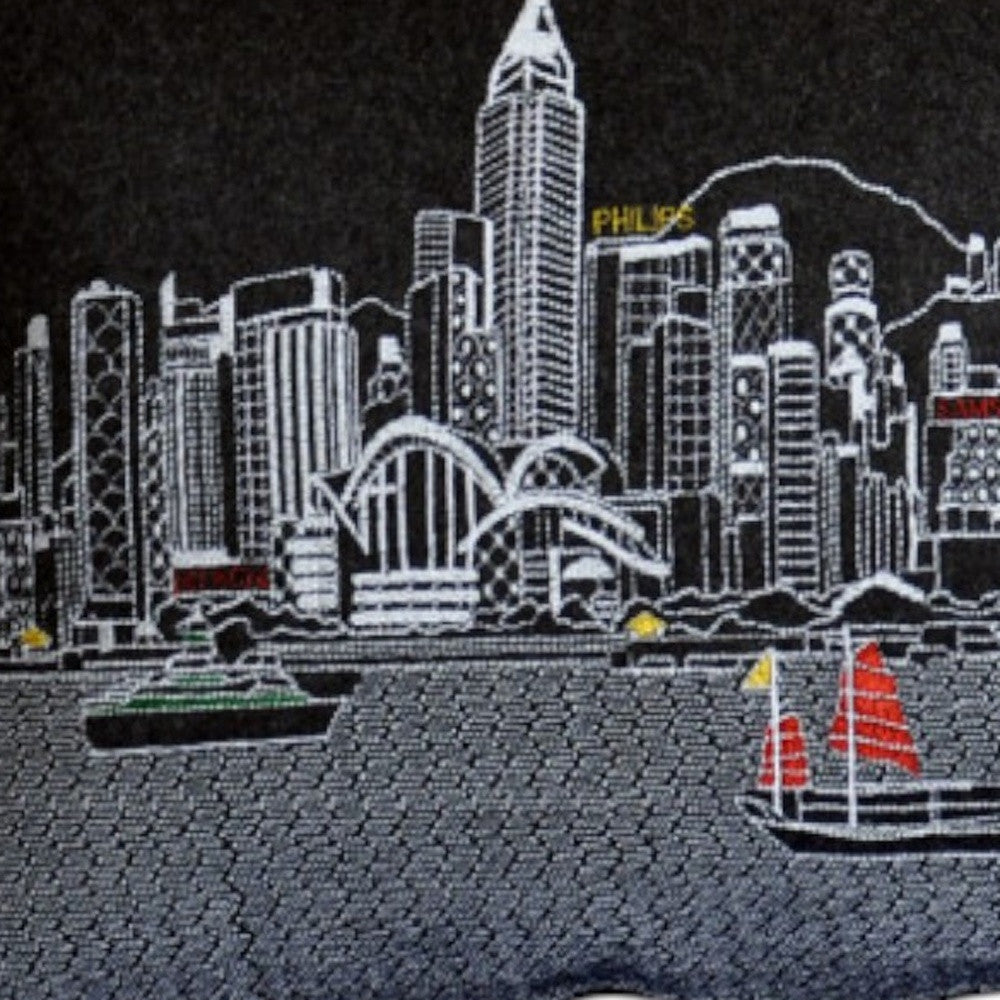 35" Black Hong Kong Nighttime Skyline Lumbar Decorative Pillow