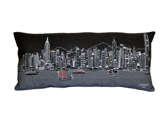 35" Black Hong Kong Nighttime Skyline Lumbar Decorative Pillow