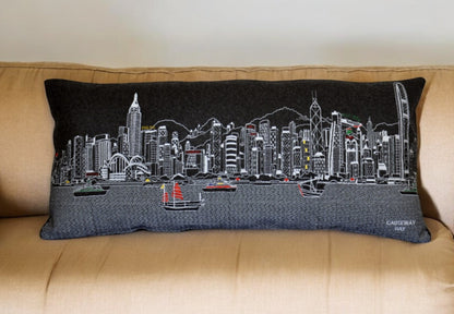 35" Black Hong Kong Nighttime Skyline Lumbar Decorative Pillow