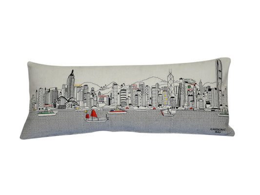 35" White Hong Kong Daylight Skyline Lumbar Decorative Pillow