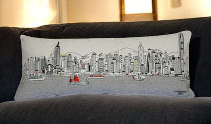 35" White Hong Kong Daylight Skyline Lumbar Decorative Pillow