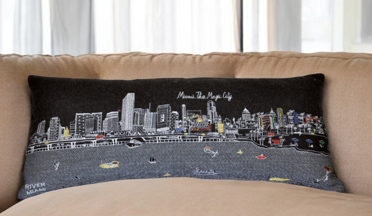 35" Black Miami Nighttime Skyline Lumbar Decorative Pillow