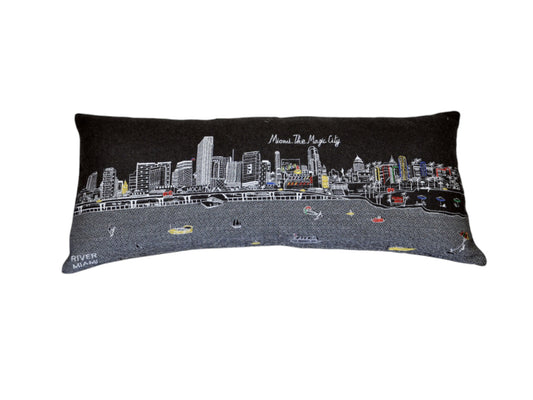 35" Black Miami Nighttime Skyline Lumbar Decorative Pillow